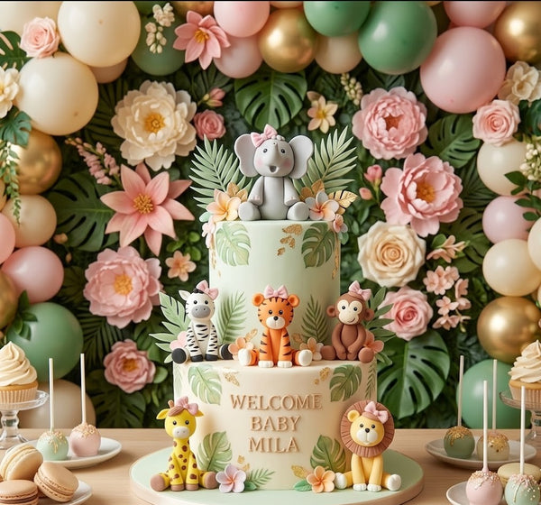 Jungle Cake Topper Safari Baby Zoo Animals Elephant Lion Giraffe Zebra Monkey Palm 6pcs - C T B