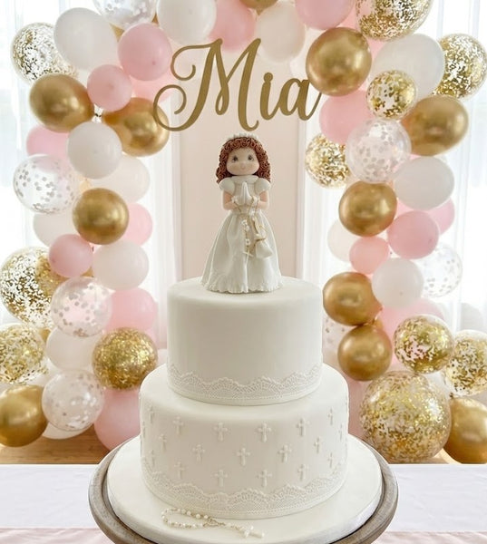 Elegant First Communion Girl & Boy Cake Topper Boy w Bible or Girl with a Flower Crown Rosary Purse