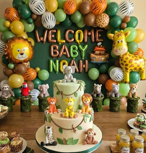 Jungle Cake Topper Safari Baby Zoo Animals Elephant Lion Giraffe Zebra Monkey Palm 6pcs - C T B