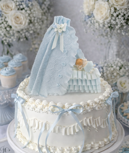 Baby Shower Cake Topper Baby on Bassinet Cake Decoration Baby in White Pink or Blue Crib - C T B