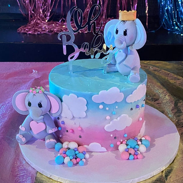 Elephant Cake Topper Elephant in Gray with Pink or Blue and Gold Crown