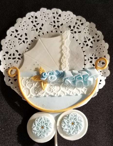 Baby Shower Cake Topper, Baby Carriage Cake Decoration in Pink White and Blue