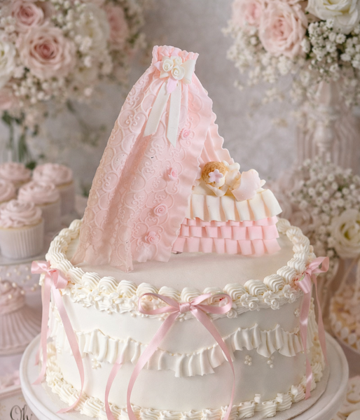 Baby Shower Cake Topper Baby on Bassinet Cake Decoration Baby in White Pink or Blue Crib - C T B
