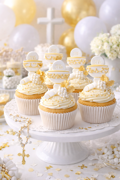 Chalice Cupcake Toppers Communion Figurines White and Gold Chalice Favors 12pcs - C T B