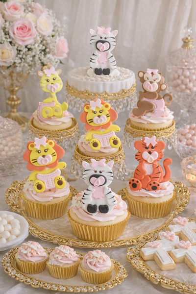Elephant Giraffe Monkey Zebra Tiger Lion Cupcake Topper Baby Animals Cake Decoration Blue or Pink - C T B