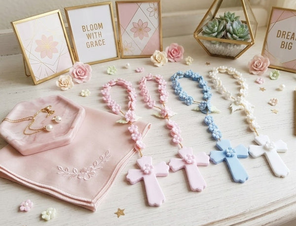 Flower Rosaries in Pink, White or Blue Baptism Rosaries Christening Keepsake 12 pcs - C T B
