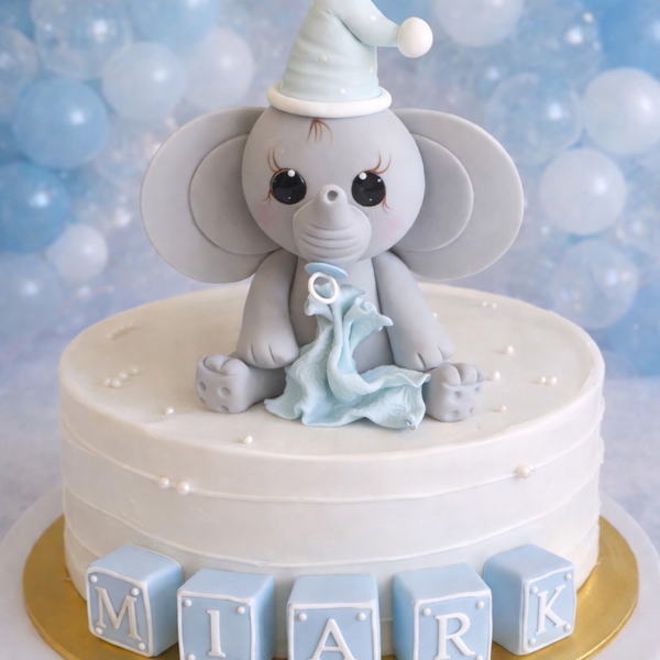 Elephant Cake Topper Elephant Cake Decoration Baby Elephant w Blanket, Pacifier and Hat in Gray with Pink, Yellow or Blue Details