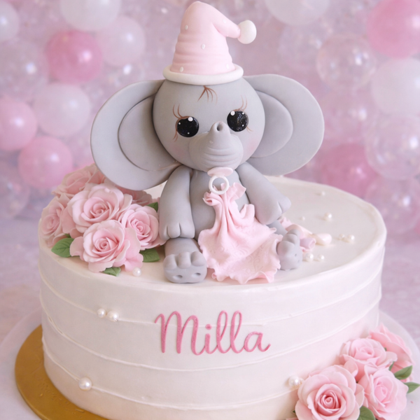 Elephant Cake Topper Elephant Cake Decoration Baby Elephant w Blanket, Pacifier and Hat in Gray with Pink, Yellow or Blue Details
