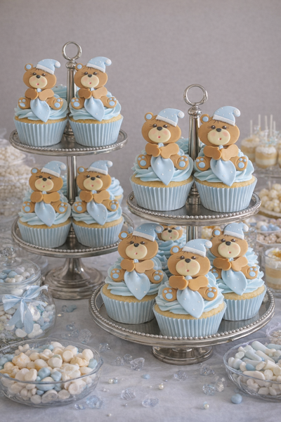 Baby Bear figurines with pink or blue details for Baby showers and Birthday decorations 12pcs