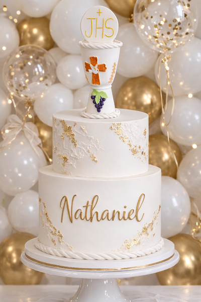 First Communion Chalice Cake Decorations in White and Gold Chalice Keepsake