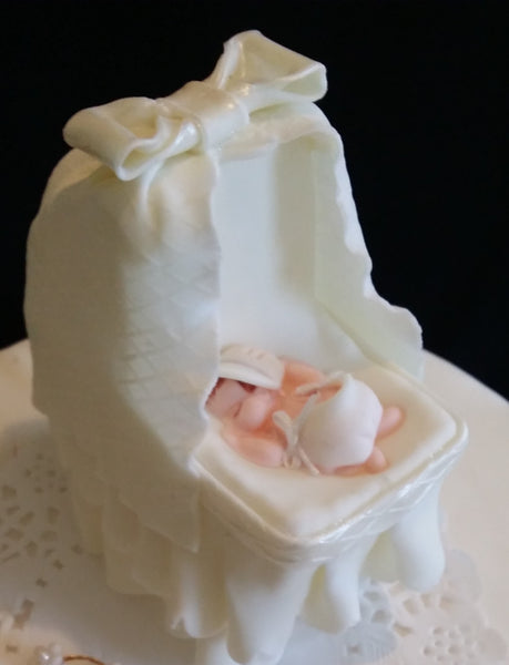 Baby Shower Cake Topper Baby on Bassinet Cake Decoration Baby in White Pink or Blue Crib - C T B