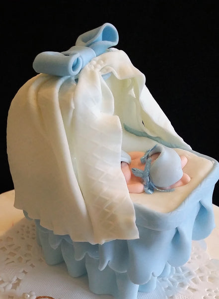Baby on Bassinet Cake Topper in Pink, White or Blue Baby Shower Centerpiece Decorations - Cake Toppers Boutique