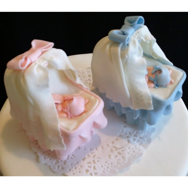 Baby Shower Cake Topper Baby on Bassinet Cake Decoration Baby in White Pink or Blue Crib - Cake Toppers Boutique
