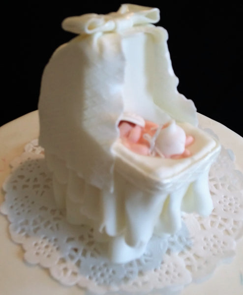 Baby Shower Cake Topper Baby on Bassinet Cake Decoration Baby in White Pink or Blue Crib - C T B