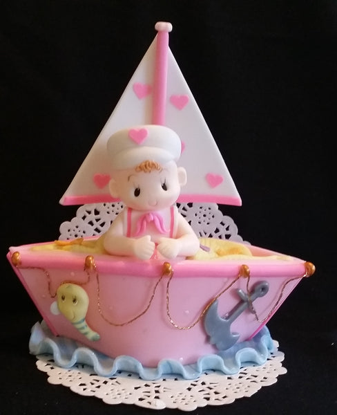Sailor Baby Cake Topper Nautical Baby Shower Decoration Sailor On Boat in Blue, Pink or Brown Boat - Cake Toppers Boutique