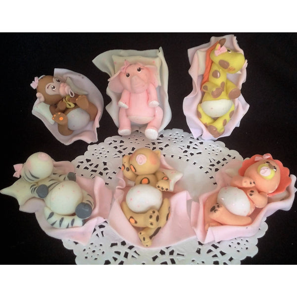 Safari Cake Topper Jungle Baby Animals Cake Decorations with Pink or Blue Blanket & Pacifiers 6pcs - Cake Toppers Boutique