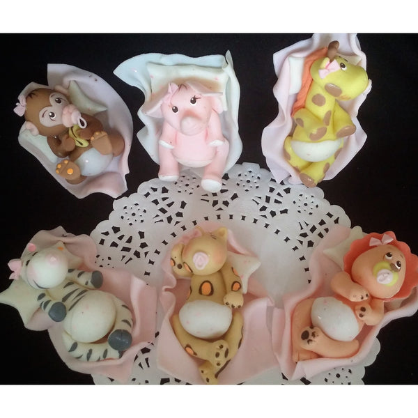 Safari Cake Topper Jungle Baby Animals Cake Decorations with Pink or Blue Blanket & Pacifiers 6pcs - Cake Toppers Boutique