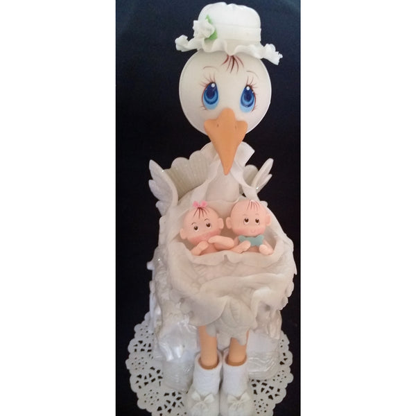 Mommy Stork with Twins Babies Cake Topper Baby Shower Stork in Blue White or Pink - Cake Toppers Boutique
