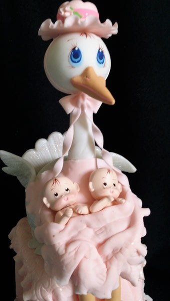 Twins Baby Shower Cake Topper Stork with Twins Babies Cake Decorations Baby Gender Reveal Stork - Cake Toppers Boutique