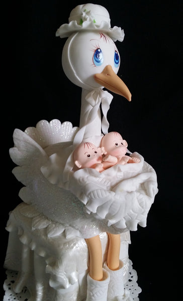 Twins Baby Shower Cake Topper Stork with Twins Babies Cake Decorations Baby Gender Reveal Stork - Cake Toppers Boutique