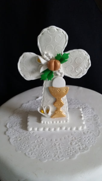 Cross Cake Topper First Communion Cake Decorations White Cross with Chalice and Grapes - Cake Toppers Boutique