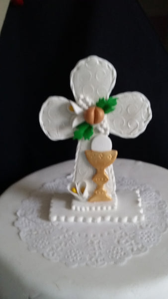 Cross Cake Topper First Communion Cake Decorations White Cross with Chalice and Grapes - Cake Toppers Boutique
