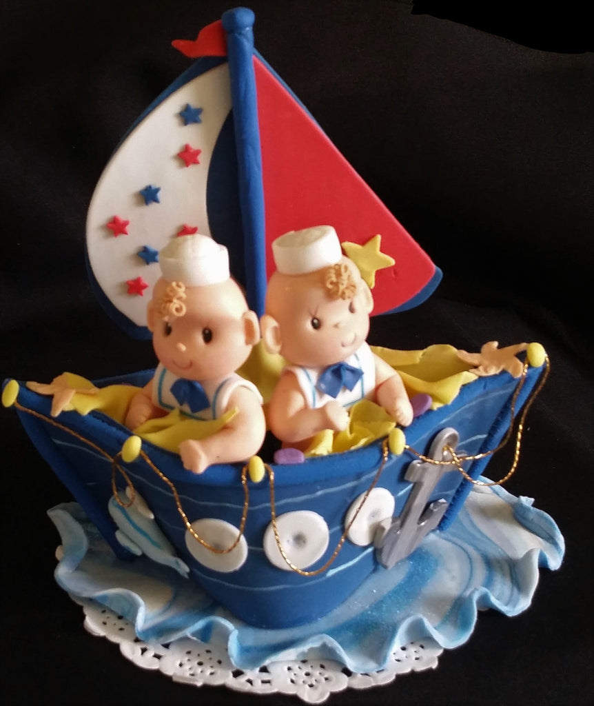 Nautical Twins Boys Baby Showe Twins Sailor Birthday Party Decorations Sailors in Blue Boat Cake Topper - Cake Toppers Boutique