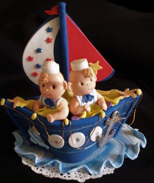Nautical Twins Boys Baby Showe Twins Sailor Birthday Party Decorations Sailors in Blue Boat Cake Topper - Cake Toppers Boutique