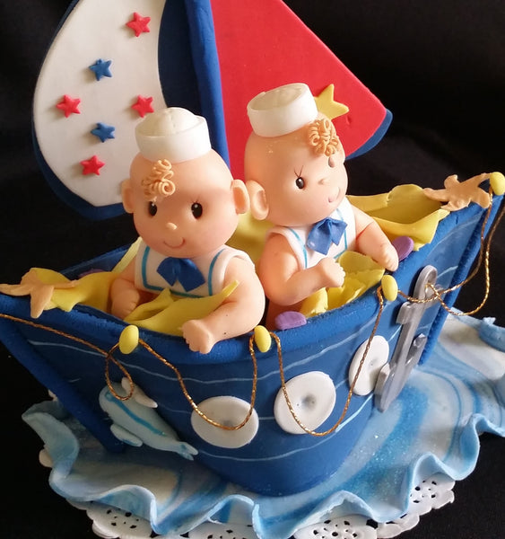 Nautical Twins Boys Baby Showe Twins Sailor Birthday Party Decorations Sailors in Blue Boat Cake Topper - Cake Toppers Boutique