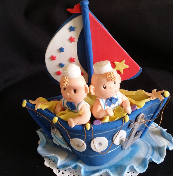 Nautical Twins Boys Baby Showe Twins Sailor Birthday Party Decorations Sailors in Blue Boat Cake Topper - Cake Toppers Boutique