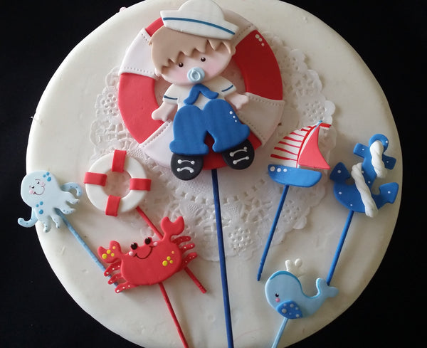 Sailor Cake Topper Nautical Baby Shower Decorations Picks Baby Sailor Centerpiece Picks 7pcs - Cake Toppers Boutique