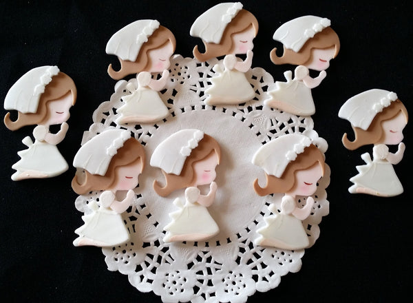 Christening Favors Girls Communion Cupcake Toppers Girl With White Gown 12pcs - Cake Toppers Boutique