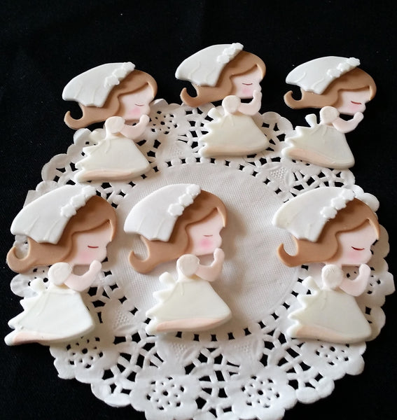 Christening Favors Girls Communion Cupcake Toppers Girl With White Gown 12pcs - Cake Toppers Boutique