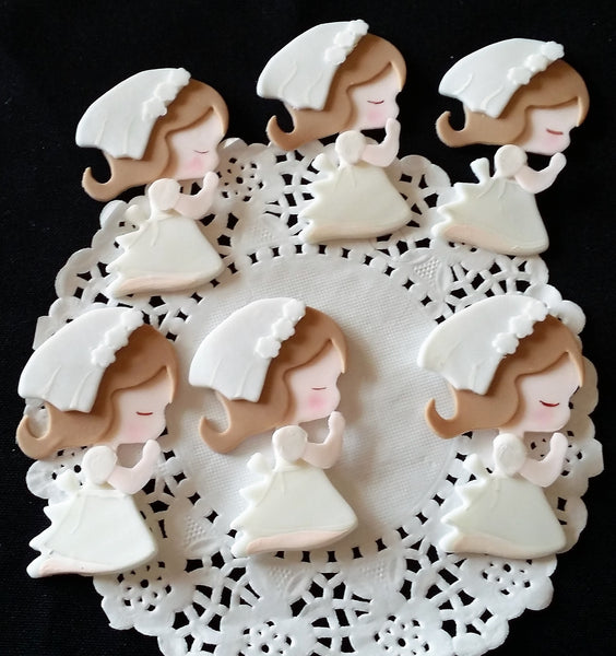 Christening Favors Girls Communion Cupcake Toppers Girl With White Gown 12pcs - Cake Toppers Boutique