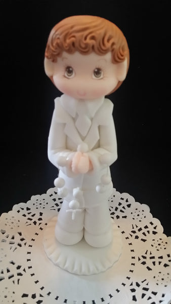 Elegant First Communion Girl & Boy Cake Topper Boy w Bible or Girl with a Flower Crown Rosary Purse