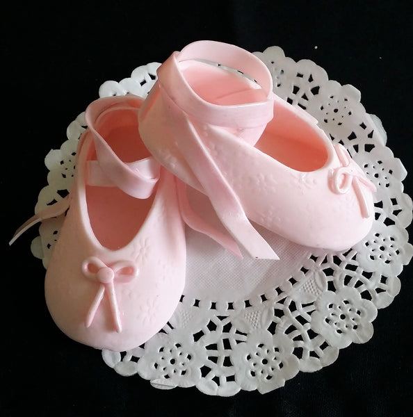 Baby Girl Cake Topper Baptism Girl Cake Decoration White & Pink Baby Shoes 2pcs - Cake Toppers Boutique