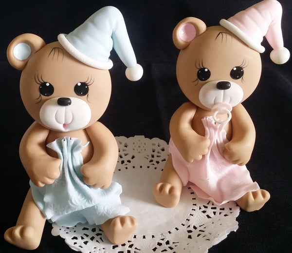 Teddy Bear Cake Topper in Pink or Blue Bear For Cake Decorations Baby Bear with Blanket & Hat - Cake Toppers Boutique