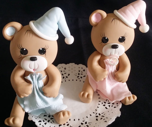 Teddy Bear Cake Topper in Pink or Blue Bear For Cake Decorations Baby Bear with Blanket & Hat - Cake Toppers Boutique