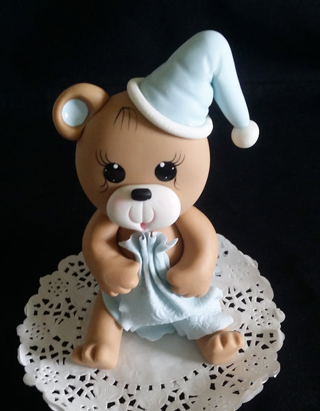Teddy Bear Cake Topper in Pink or Blue Bear For Cake Decorations Baby Bear with Blanket & Hat - Cake Toppers Boutique