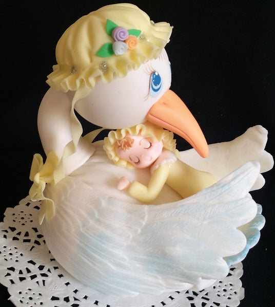Stork with Baby Cake Topper Mommy Stork Topper Baby Shower Storks in Pink Yellow or Blue - Cake Toppers Boutique