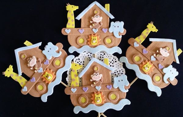 Noah's Ark Birthday Ark Cake Decoration Noah's Ark Centerpiece Picks Ark w Animals Decorations - Cake Toppers Boutique