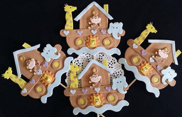 Noah's Ark Birthday Ark Cake Decoration Noah's Ark Centerpiece Picks Ark w Animals Decorations - Cake Toppers Boutique