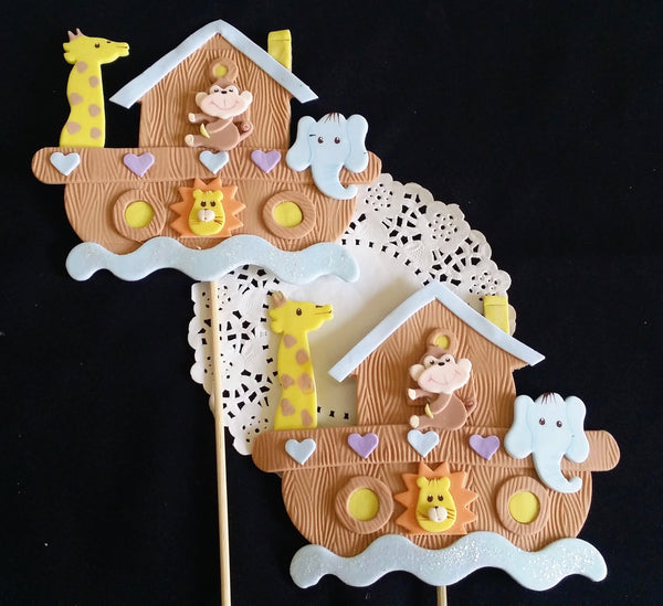 Noah's Ark Birthday Ark Cake Decoration Noah's Ark Centerpiece Picks Ark w Animals Decorations - Cake Toppers Boutique