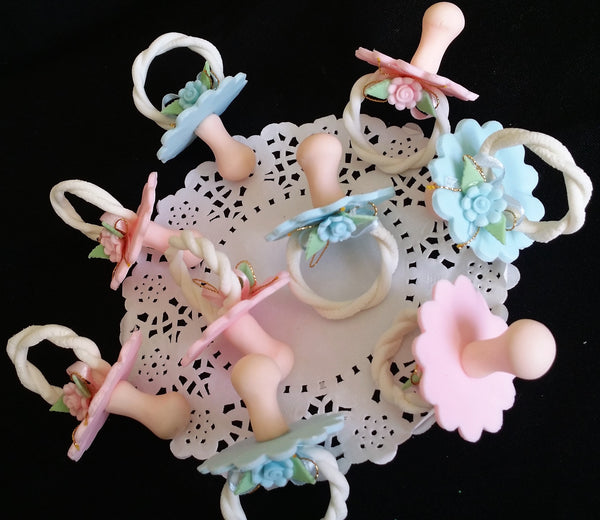 Pacifier Cupcake Toppers Pink Yellow Blue Pacifiers for Baby Shower Games and Necklaces 12pcs - Cake Toppers Boutique