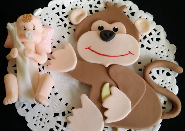Baby and Monkey Cake Topper Monkey Cake Decorations Jungle Baby Shower 2pcs - Cake Toppers Boutique