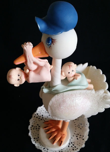 Mommy Stork with Twins Babies Cake Topper Twins Cake Decorations Stork Blue & Pink - Cake Toppers Boutique