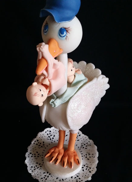 Mommy Stork with Twins Babies Cake Topper Twins Cake Decorations Stork Blue & Pink - Cake Toppers Boutique