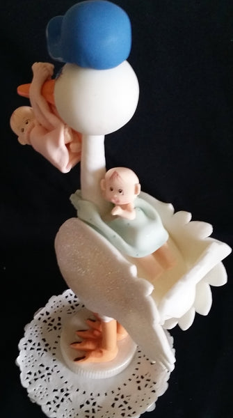 Mommy Stork with Twins Babies Cake Topper Twins Cake Decorations Stork Blue & Pink - Cake Toppers Boutique