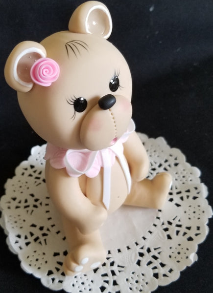 Pink Bear Cake Topper Pink Bear Cake Decorations Teddy Bear with Pink Bib Bear Cake Topper - Cake Toppers Boutique