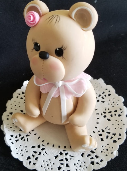 Pink Bear Cake Topper Pink Bear Cake Decorations Teddy Bear with Pink Bib Bear Cake Topper - Cake Toppers Boutique